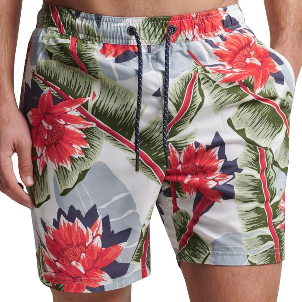 Superdry M3010212A Costume da Bagno Boxer Pantaloncini Uomo Bianco Rosso