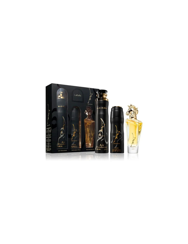 Lattafa MAAHIR Set Unisex Profumo 100ml + Deodorante Corpo 200ml + Deodorante Ambienti 300ml