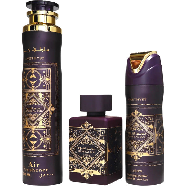 Lattafa BADE'E AL OUD AMETHYST Set Unisex Profumo 100ml + Deodorante Corpo 200ml + Deodorante Ambienti 300ml