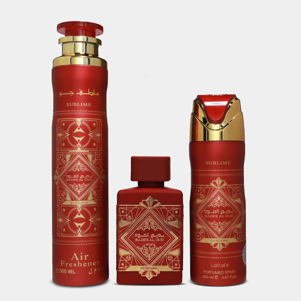 Lattafa BADE'E AL OUD SUBLIME Set Unisex Profumo 100ml + Deodorante Corpo 200ml + Deodorante Ambienti 300ml