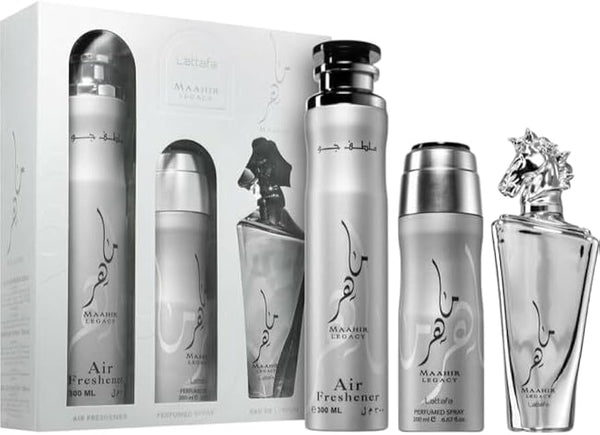 Lattafa MAAHIR LEGACY Set Uomo Profumo 100ml + Deodorante Corpo 200ml + Deodorante Ambienti 300ml