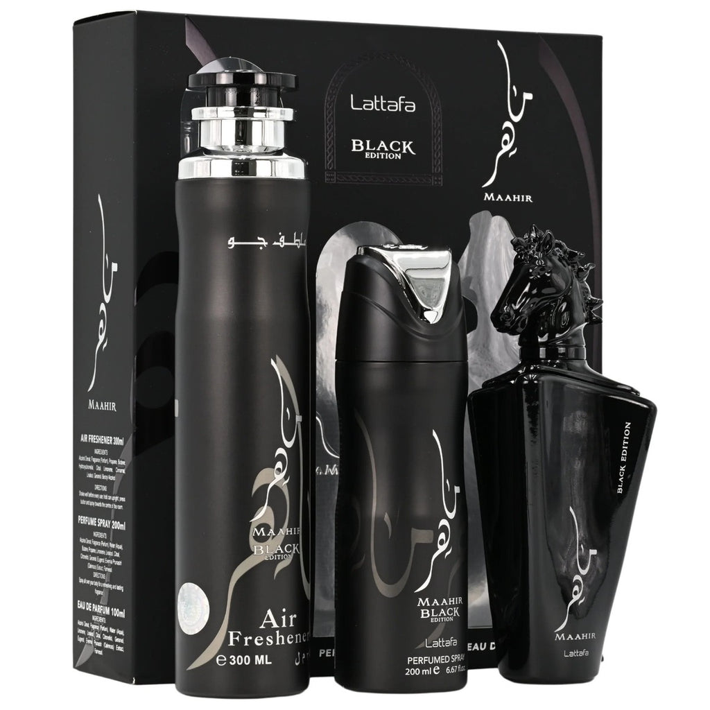 Lattafa MAAHIR BLACK EDITION Set Unisex Profumo 100ml + Deodorante Corpo 200ml + Deodorante Ambienti 300ml