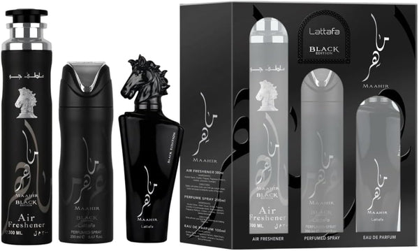 Lattafa MAAHIR BLACK EDITION Set Unisex Profumo 100ml + Deodorante Corpo 200ml + Deodorante Ambienti 300ml