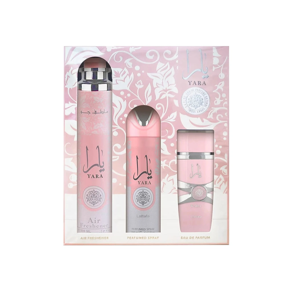 Lattafa YARA Set Donna Profumo 100ml + Deodorante Corpo 200ml + Deodorante Ambienti 300ml