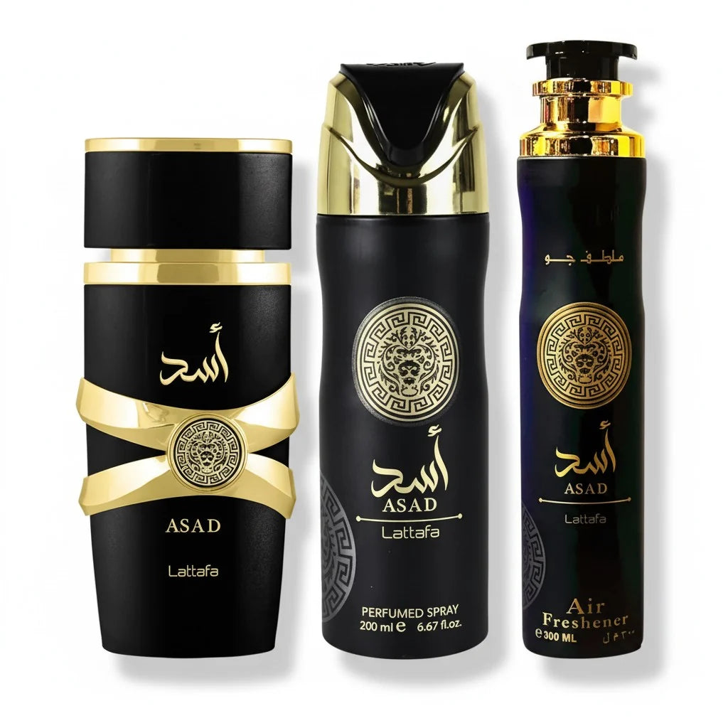 Lattafa ASAD Set Uomo Profumo 100ml + Deodorante Corpo 200ml + Deodorante Ambienti 300ml