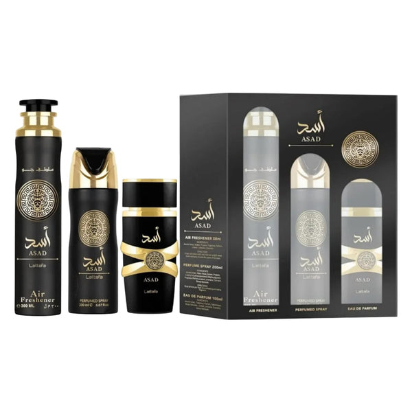 Lattafa ASAD Set Uomo Profumo 100ml + Deodorante Corpo 200ml + Deodorante Ambienti 300ml