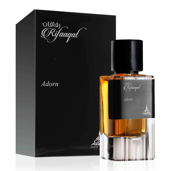 Presentazione completa con flacone e scatola lussuosa del profumo arabo di nicchia Rifaaqat Adorn. Il set equivalente a Tuxedo disponibile su BeFashion.it
